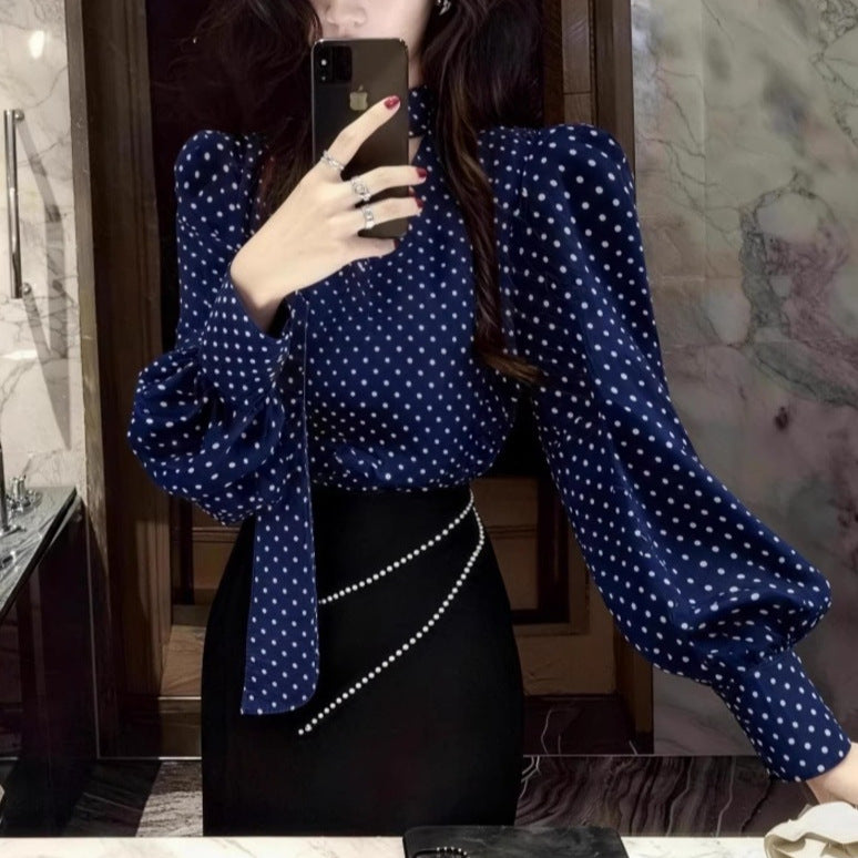 Ribbon-colored Polka-dot Shirt For Women