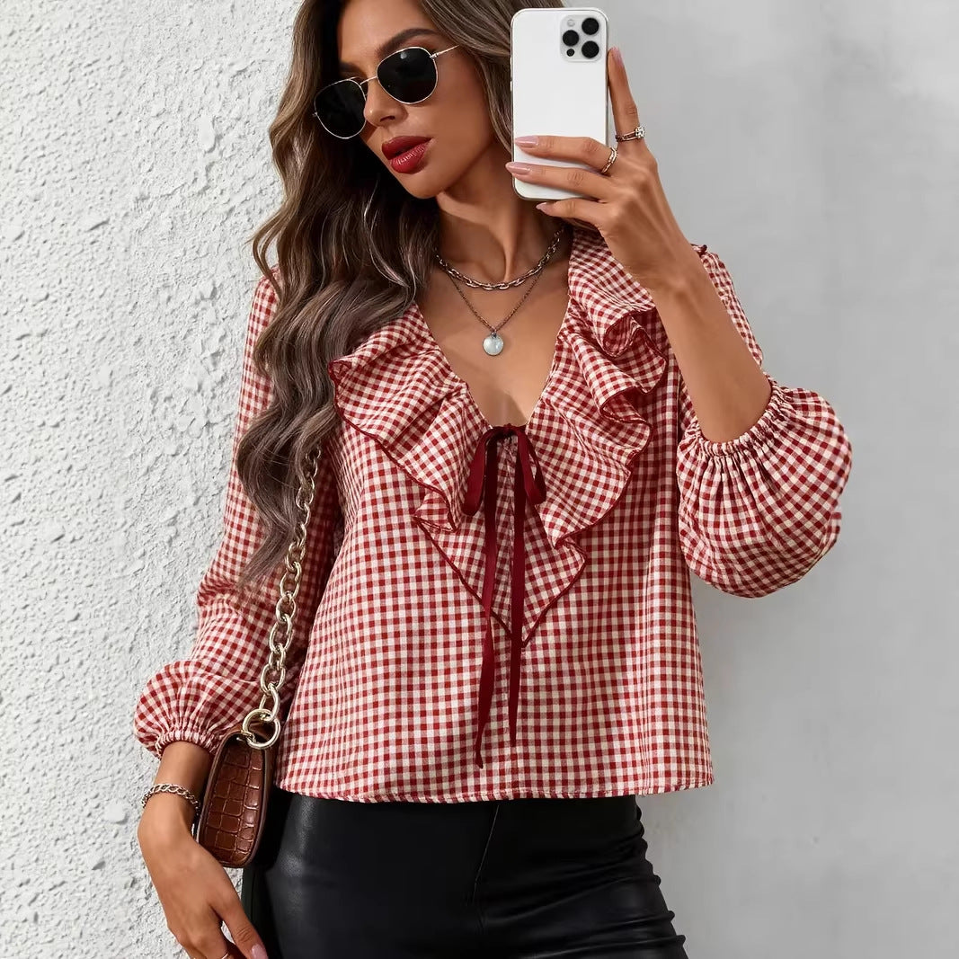 Womens Fashionable Casual Small-Plaid Layered Shirt
