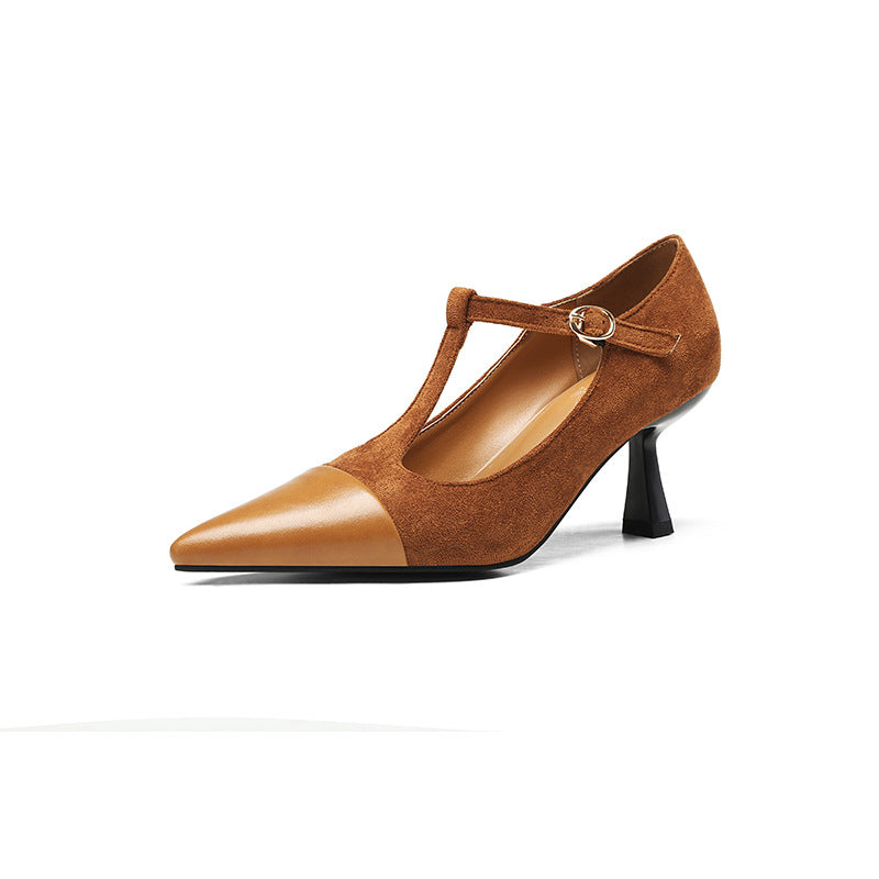 Elegant Womens T-Strap Stacked Heel Shoes