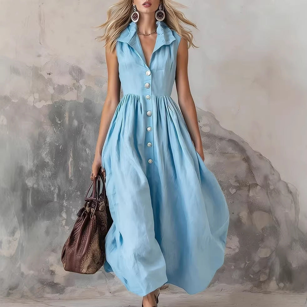 Womens Elegant Fashionable Solid-Color Lapel Slim-Fit Long Dress