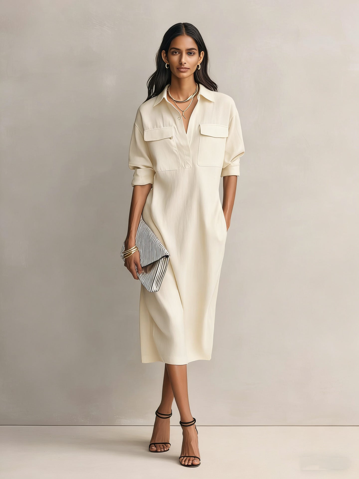 Womens French-style Elegant Commuter Shirt Dress With A Defined Waist, Slimming Fit