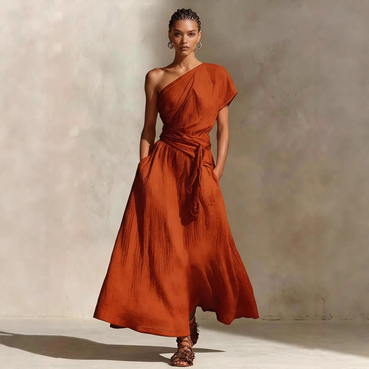 Womens Long One-Shoulder Dress With Neckline And Waist Tie