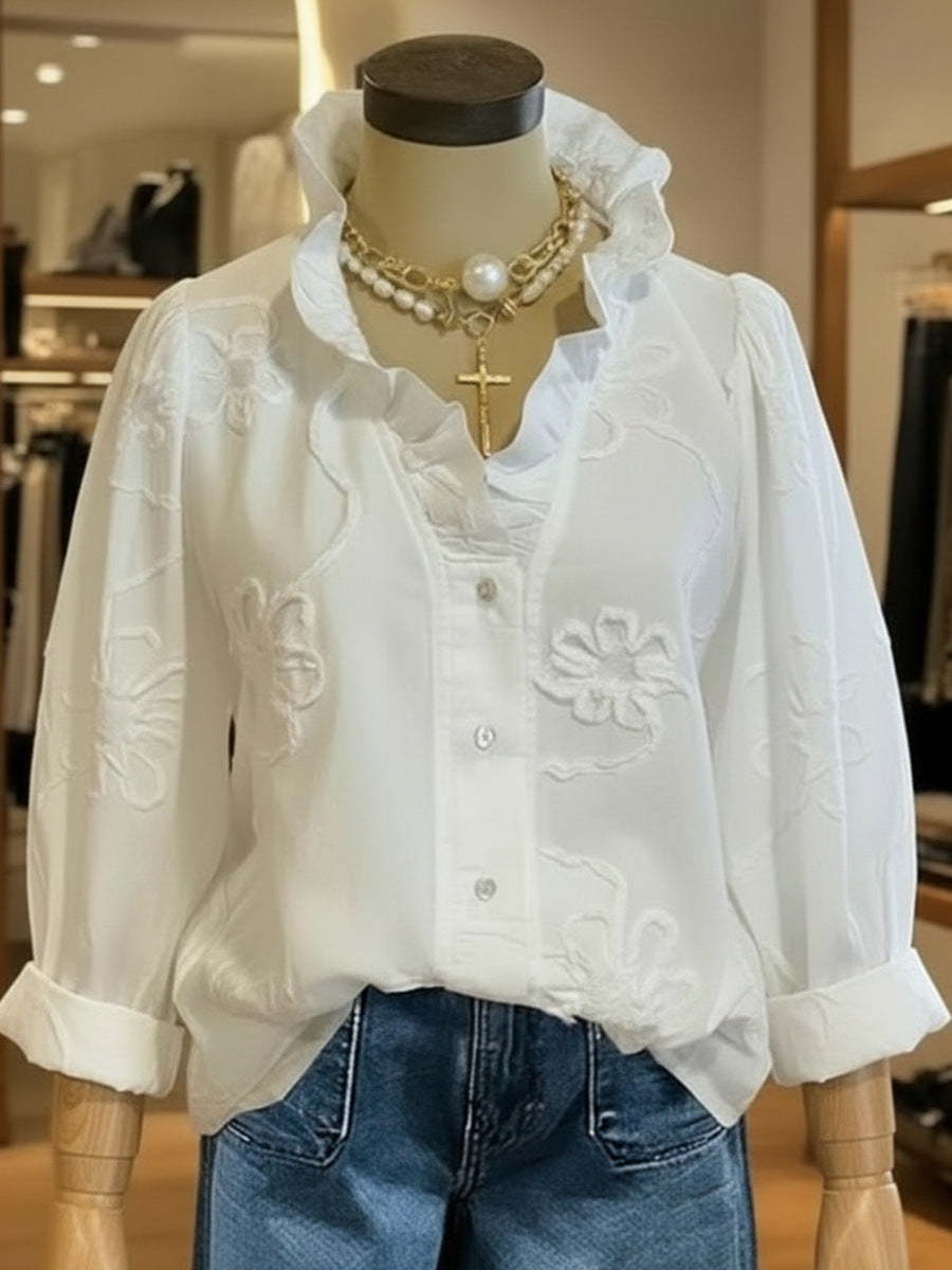 Lace-embroidered Cotton-linen Sweet Blouse