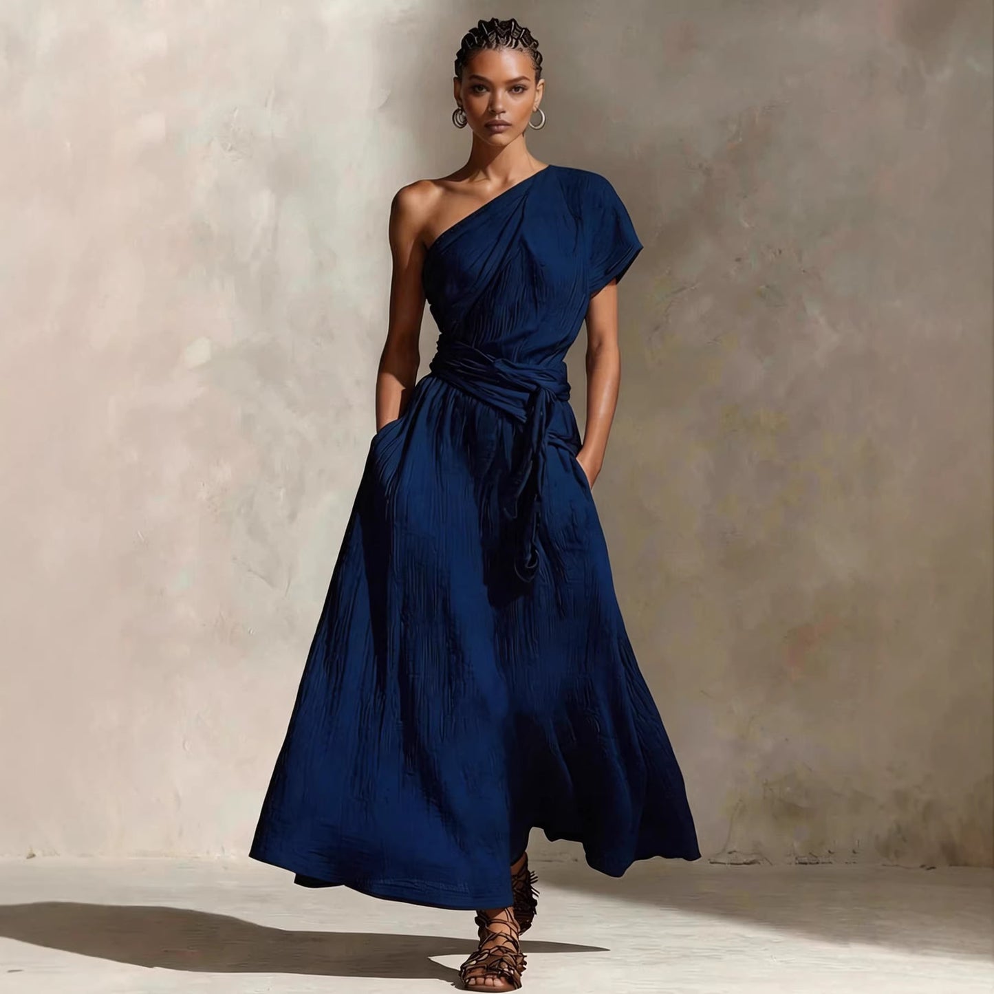 Womens Long One-Shoulder Dress With Neckline And Waist Tie