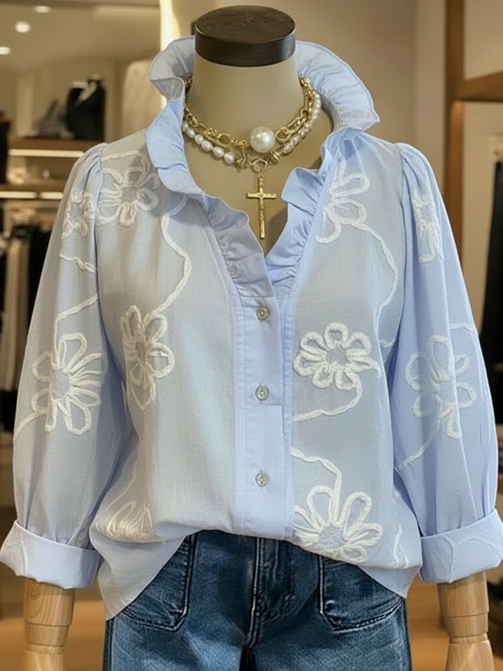 Lace-embroidered Cotton-linen Sweet Blouse