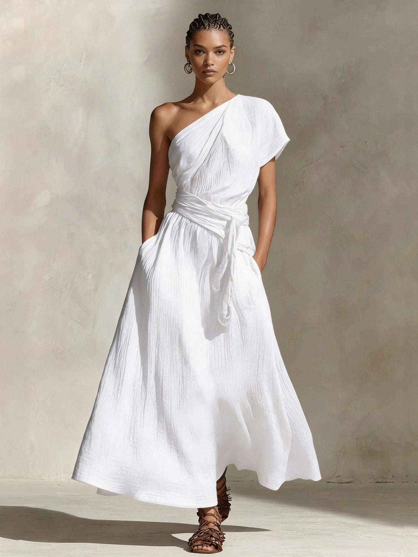 Womens Long One-Shoulder Dress With Neckline And Waist Tie