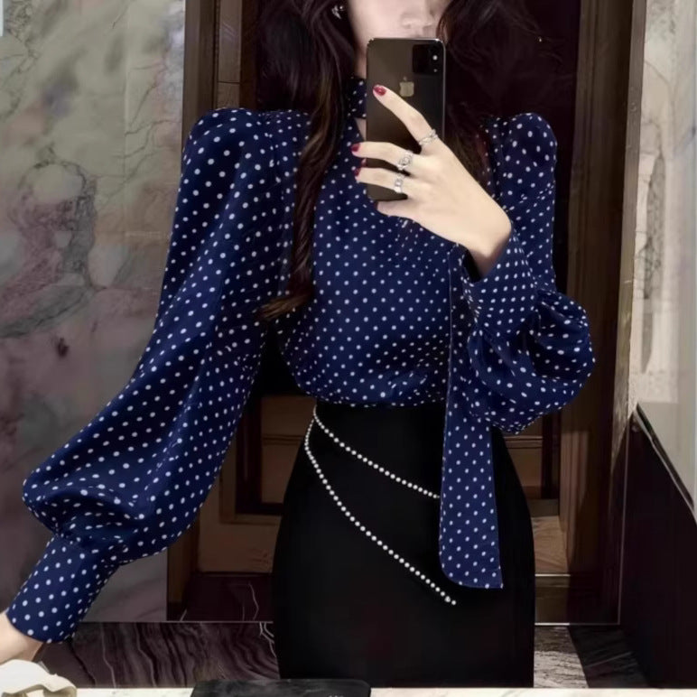 Ribbon-colored Polka-dot Shirt For Women
