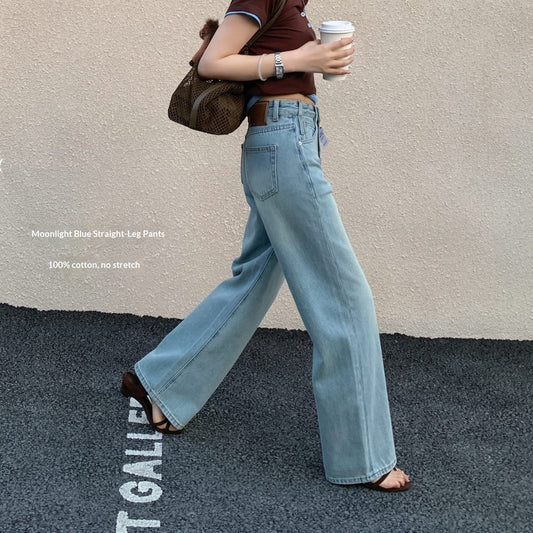 High-waisted Straight-leg Light Blue Jeans For Women