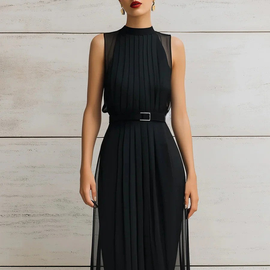 Womens Black Mesh-Panel High-Neck Sleeveless Dress