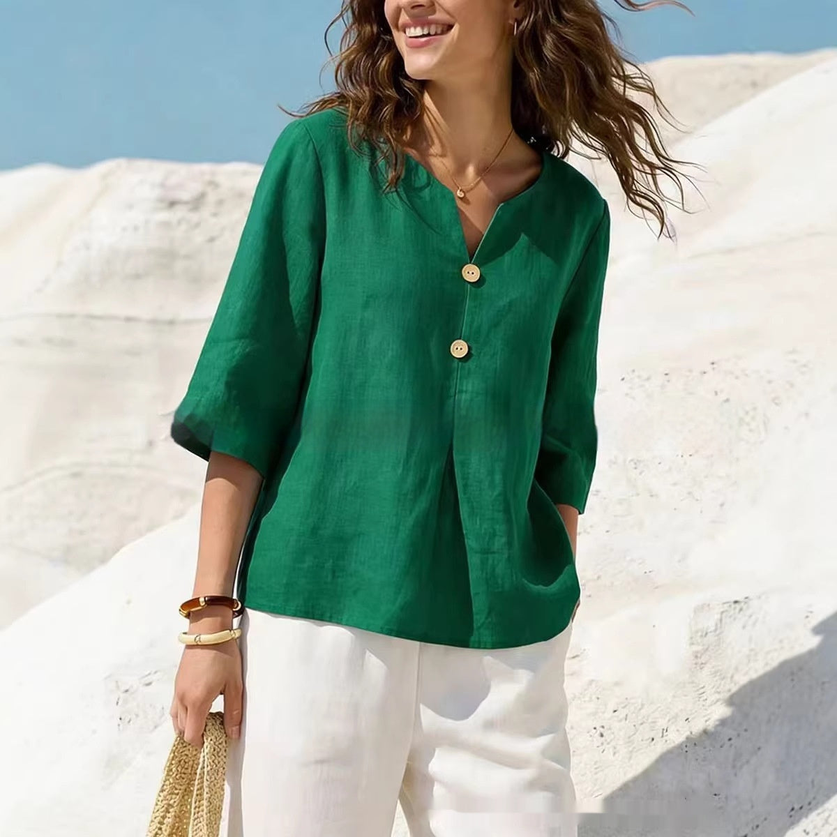New Solid-Colored Casual Cotton-Linen Womens V-Neck Button-Up Shirt