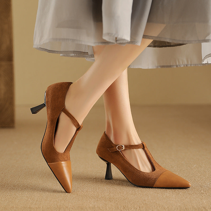 Elegant Womens T-Strap Stacked Heel Shoes