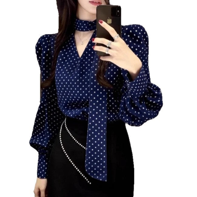 Ribbon-colored Polka-dot Shirt For Women