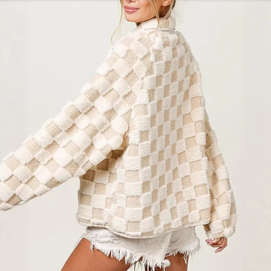Small Plaid Zippered Fuzzy Coat Womens Jacket Lamb Fur Coats