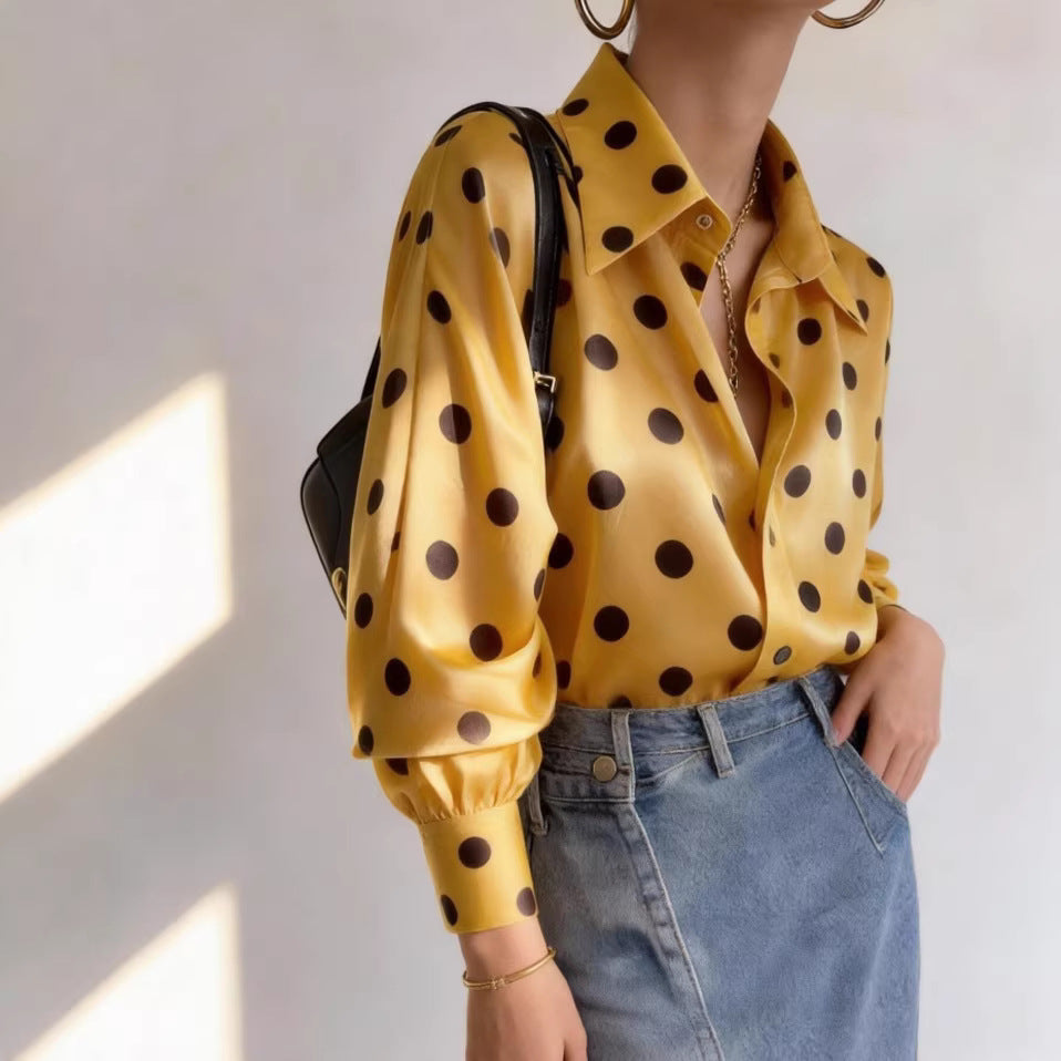 Satin Yellow Polka-dot Shirt For Women