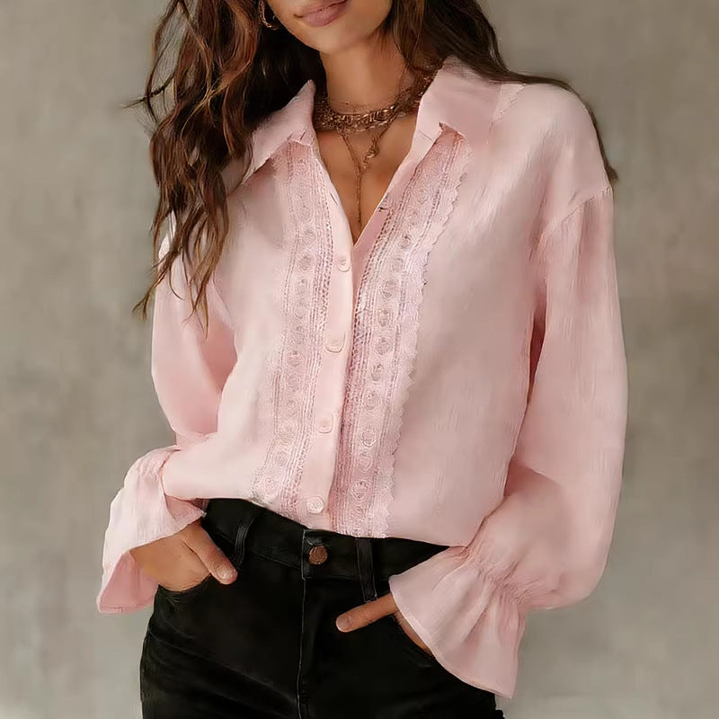 Single-breasted Lace-Panel Long-Sleeve Solid-Color Versatile Shirt