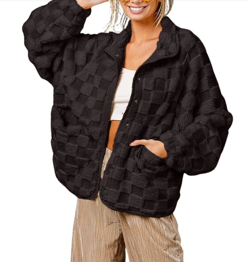 Small Plaid Zippered Fuzzy Coat Womens Jacket Lamb Fur Coats