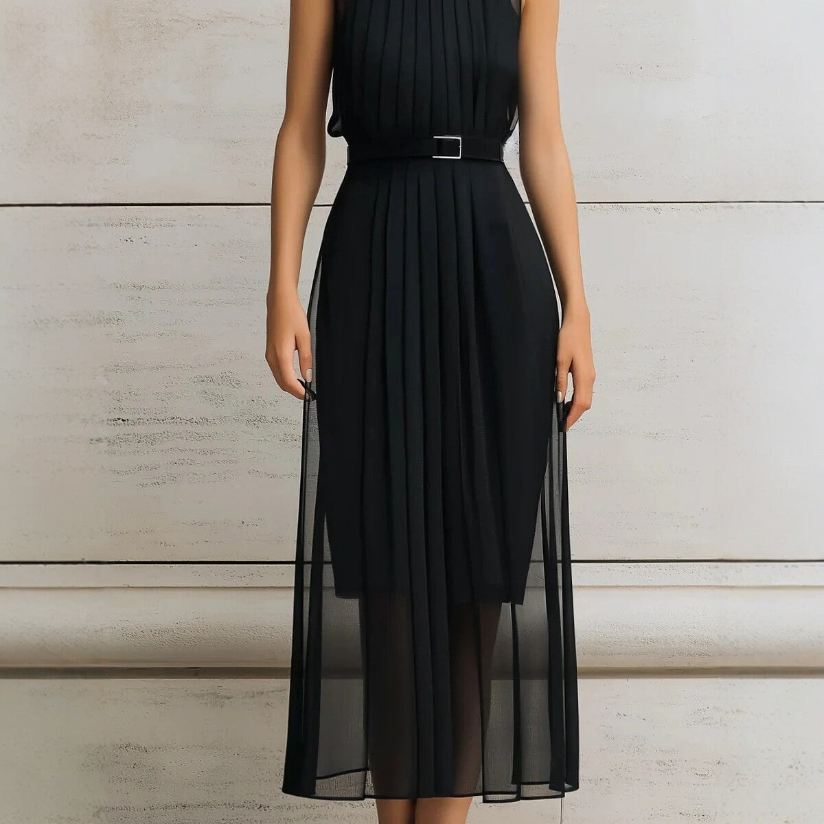 Womens Black Mesh-Panel High-Neck Sleeveless Dress