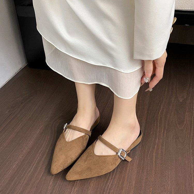 Women's Suede Pointed Toe Buckle Mule Slides