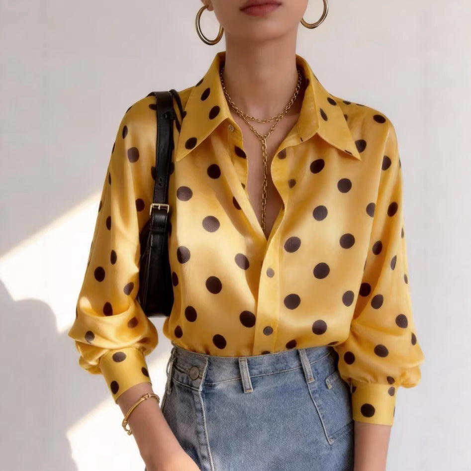 Satin Yellow Polka-dot Shirt For Women