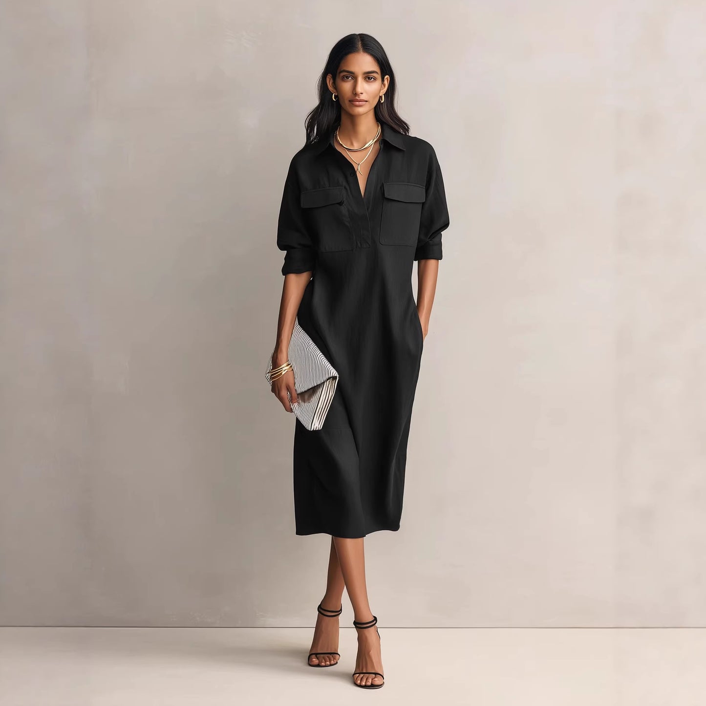 Womens French-style Elegant Commuter Shirt Dress With A Defined Waist, Slimming Fit