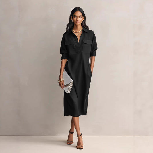 Womens French-style Elegant Commuter Shirt Dress With A Defined Waist, Slimming Fit