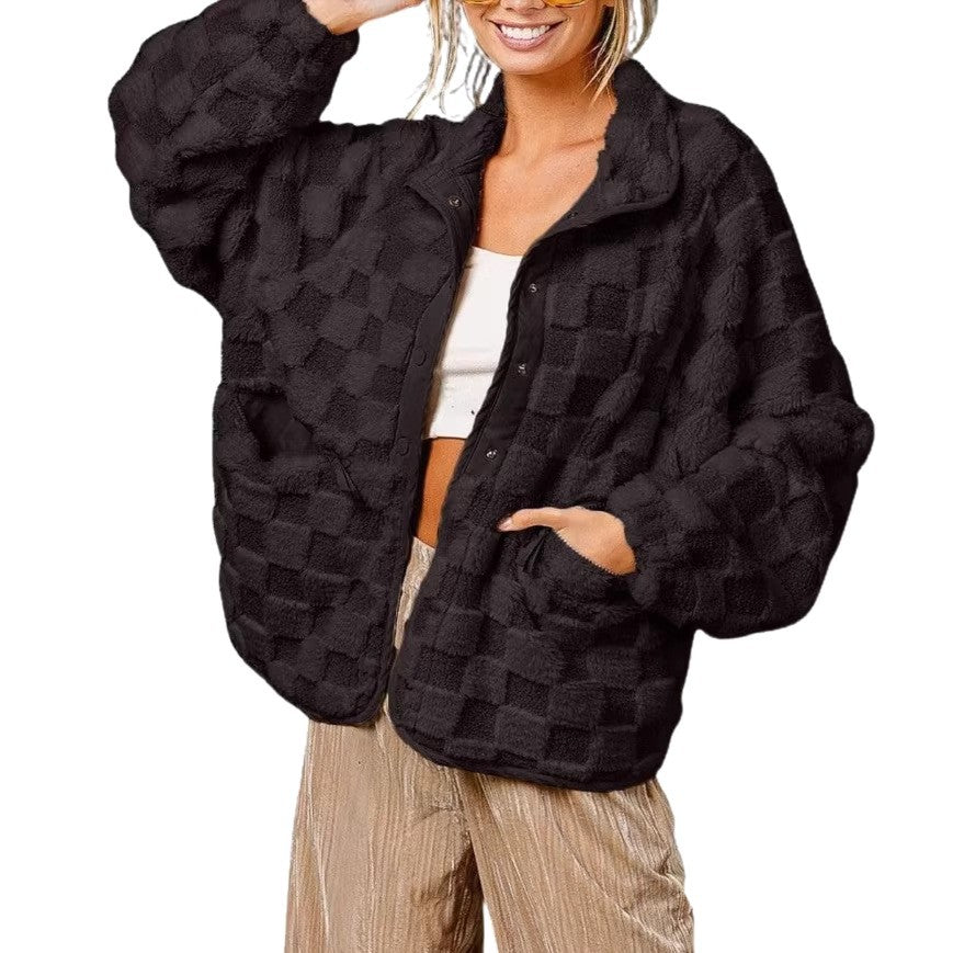 Small Plaid Zippered Fuzzy Coat Womens Jacket Lamb Fur Coats