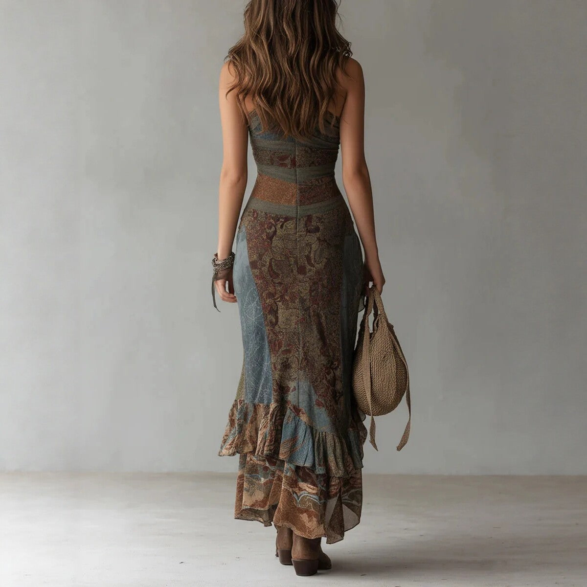 Retro Patchwork Printed Asymmetrical Long-Slit Dress