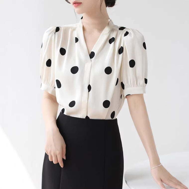 French-style Retro Polka-Dot V-Neck Short-Sleeve Womens Shirt
