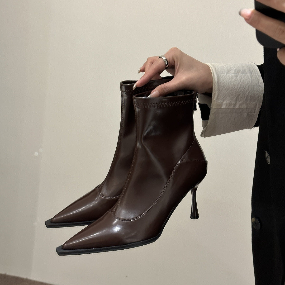 Stiletto-heeled Pointed-toe Chic Soft-leather Ankle Boots With A Back Zipper Korean-style And Versatile