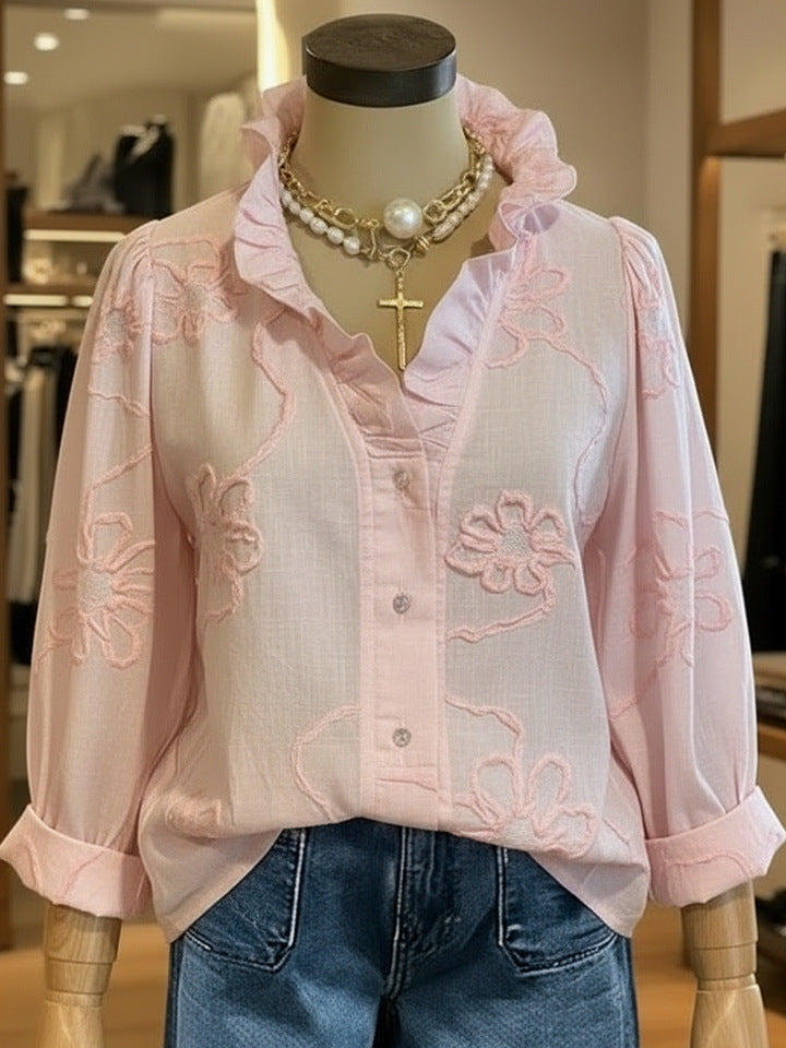 Lace-embroidered Cotton-linen Sweet Blouse