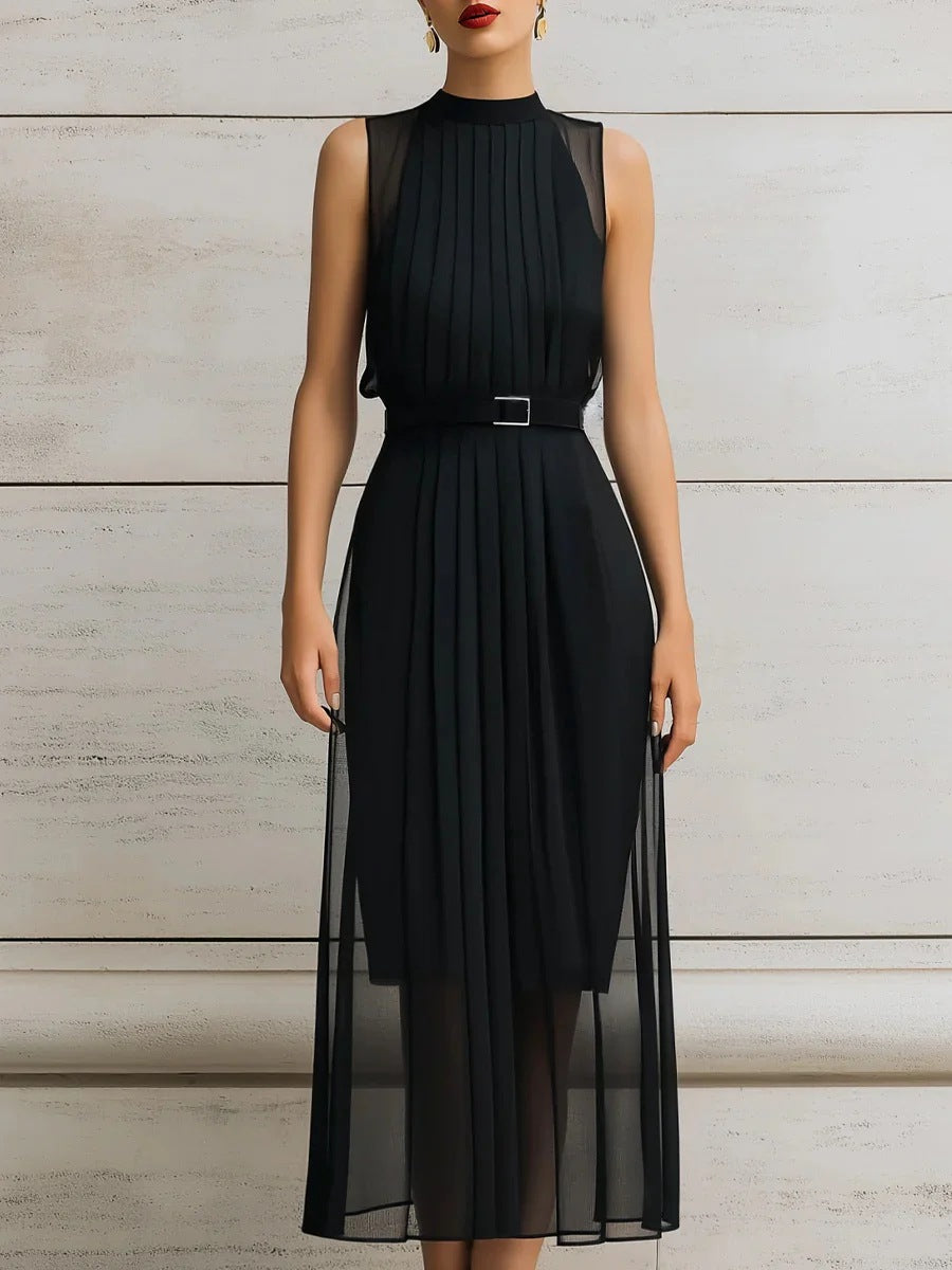 Womens Black Mesh-Panel High-Neck Sleeveless Dress