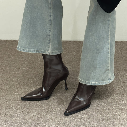 Stiletto-heeled Pointed-toe Chic Soft-leather Ankle Boots With A Back Zipper Korean-style And Versatile