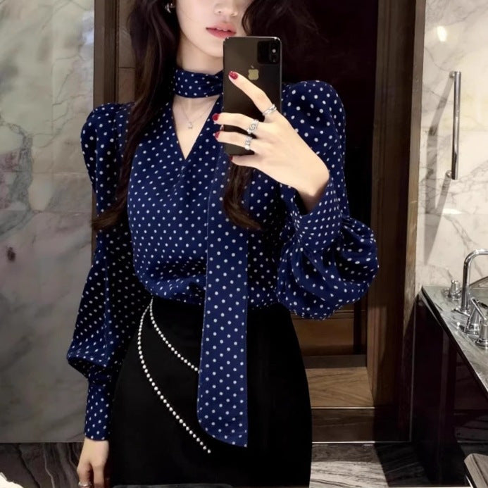 Ribbon-colored Polka-dot Shirt For Women