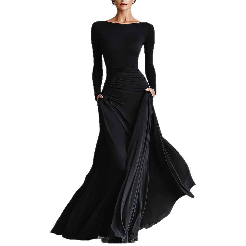 Womens Solid-Color Elegant Waist-Cinching Dress