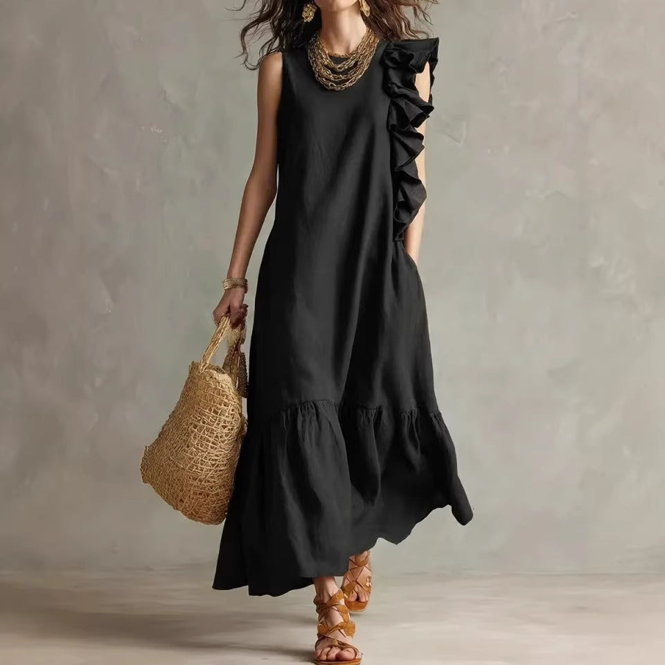 Irregular Ruffle Sleeveless Womens Dress