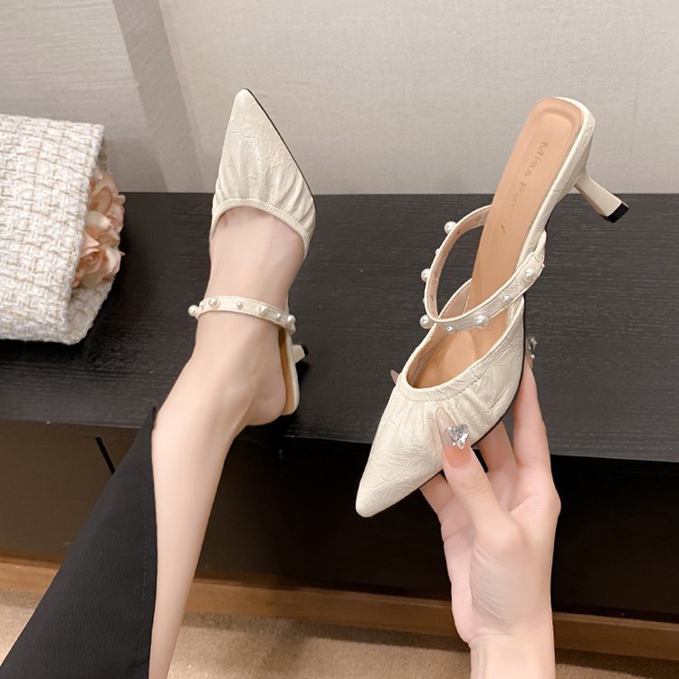 Women's Closed Toe Single Band Heeled Slides 2026 Spring Summer Soft Leather Sexy Outdoor Mules Silver