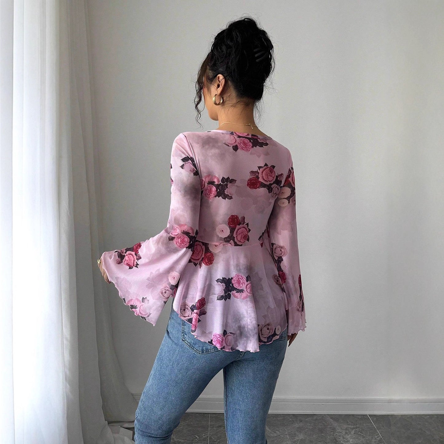 Women's French-style Printed Mesh Elegant Casual Shirt