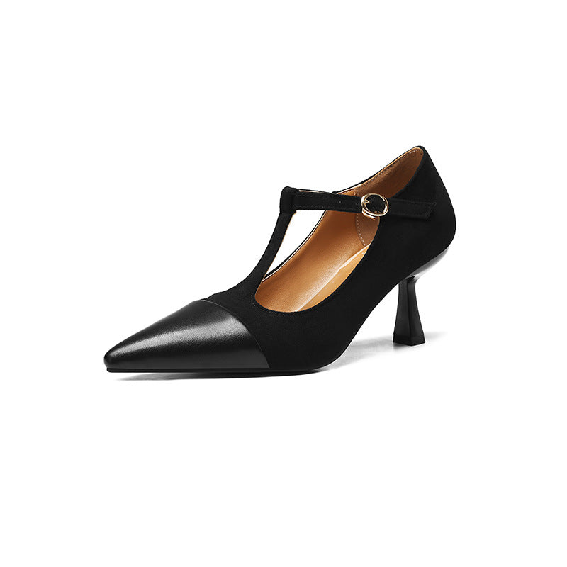 Elegant Womens T-Strap Stacked Heel Shoes